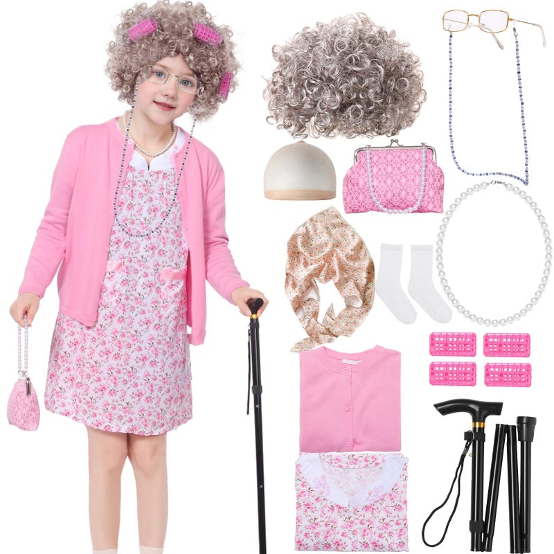 Kicpot Old Lady Costume for Girls Kids 100 Days School Grandma Costume (Pink  8-9Y) - Image 1